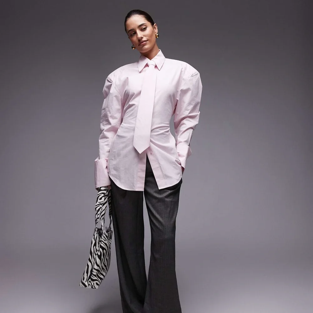 ASOS baby pink cinch waist shirt with shoulder pads and tie - Picture 2 of 7